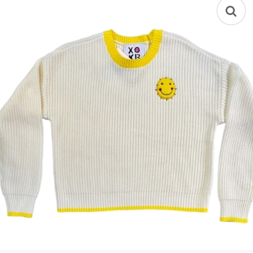 NWT Keri Rosenthal Chunky Cream and Yellow cable knit Smiley Sweater in size XL